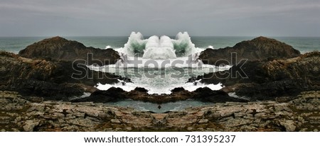  symmetrical and panoramic photographs of seascapes, with waves of the sea, A Frouxeira cape, A Coruña, Galicia, Spain, waves breaking,