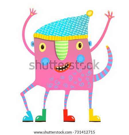 LIttle kids monster in clothes showing. Cute creature for children dancing, showing, wearing clothes.