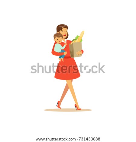 Flat super mom shopping character with child