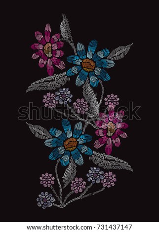 Elegant hand drawn decoration with abstract flowers in embroidery style, design element. Can be used for fashion ornaments, fabrics, manufacturing, clothing design. Editable