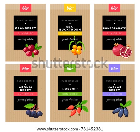 Packaging design. Concept label for natural sun-dried berries marketing . Cranberry, sea buckthorn, pomegranate, aronia, rosehip, haskap. Vector flat template. Royalty-Free Stock Photo #731452381