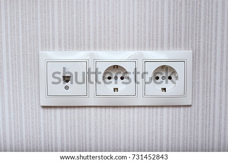 TV Aerial, Telephone and ADSL Socket and European Power in the new flat, Electrical power socket, Close up power outlet and telephone outlet,