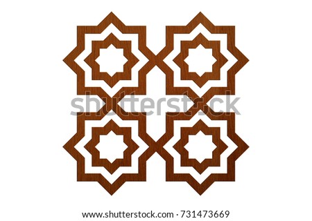 Details of a fine wood carving ar with Islamic Geometric pattern isolated over white background. An Islamic art and craft.