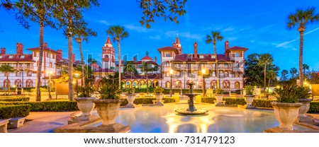 St. Augustine, Florida, USA panorama at twilight.