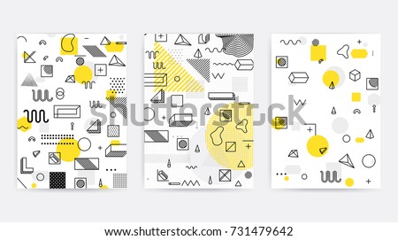Colorful trend Neo Memphis geometric pattern set juxtaposed with bright bold blocks of color zig zags, squiggles, erratic images. Design background elements composition. Magazine, leaflet, billboard Royalty-Free Stock Photo #731479642
