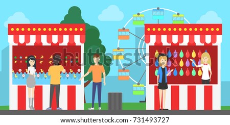 Amusement park illustration. People have fun at the park with wheel and fair.