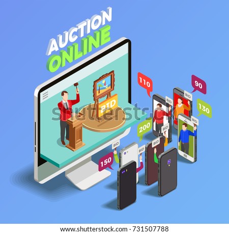 Auction isometric conceptual composition with desktop computer and smartphones taking action in online auction with thought bubbles vector illustration Royalty-Free Stock Photo #731507788