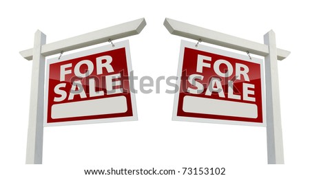 Pair of Right and Left Facing For Sale Real Estate Signs Isolated on a White Background with Clipping Paths.