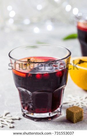 Traditional winter holiday mulled wine. Selective focus, space for text.