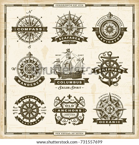 Vintage nautical labels collection. EPS10 vector illustration in retro woodcut style with transparency.