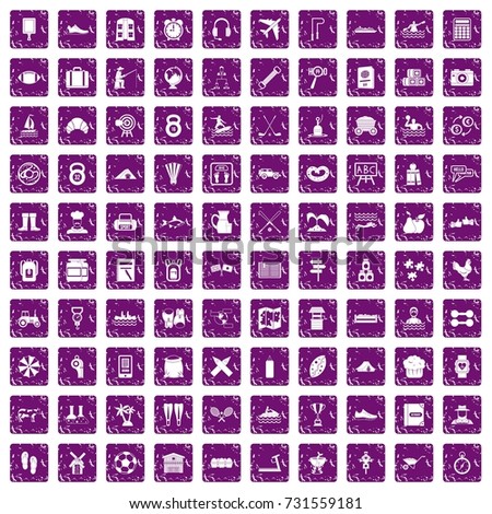 100 activity icons set in grunge style purple color isolated on white background vector illustration
