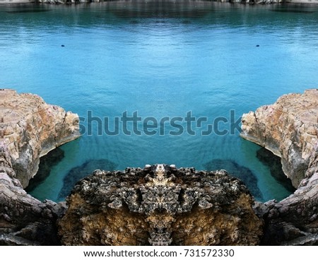 symmetrical photography of Ibiza coast, turquoise blue sea, transparent waters, Balearic Islands, Spain