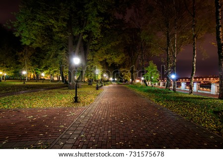 City night park in autumn after the rain with paths strewn with fallen yellow leaves and trees. Landscape.