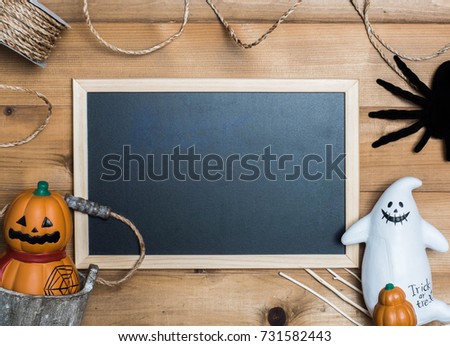 Halloween cute object concept with wooden background.top view  flat lay composition .copy space for create idea.