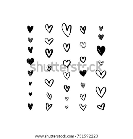 Set of grungy hand drawn hearts. Handmade painted heart shapes. Symbol of love. Valentine's day, wedding card. Vector illustration isolated on white background.