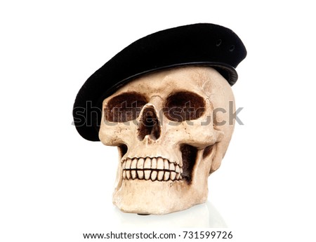 Creepy skull with a black beret isolated on white background with reflection
