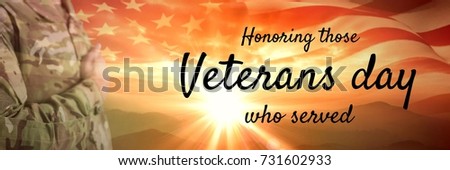 Digital composite of veterans day soldier in front of flag