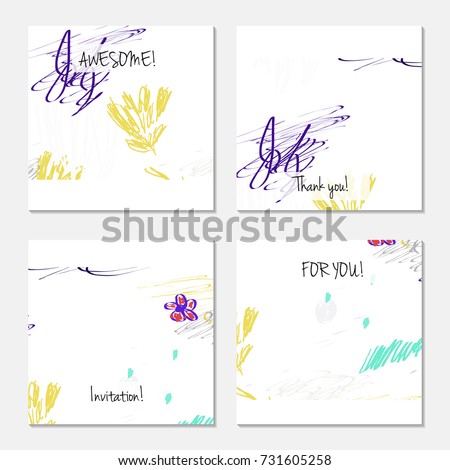 Hand drawn creative universal invitation greeting card template. Abstract scribbles doodles bright colors.Birthday, wedding, party, social media banners templates. Isolated vector card templates.