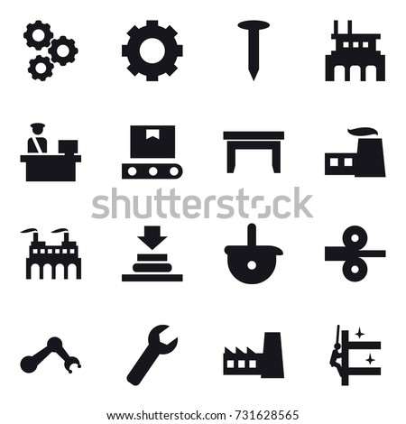 16 vector icon set : gear, nail, factory, table, wrench, skyscrapers cleaning Royalty-Free Stock Photo #731628565