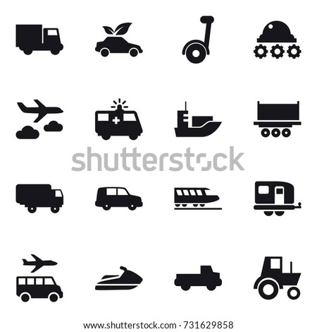 16 vector icon set : truck, eco car, lunar rover, journey, train, trailer, transfer, jet ski, pickup, tractor