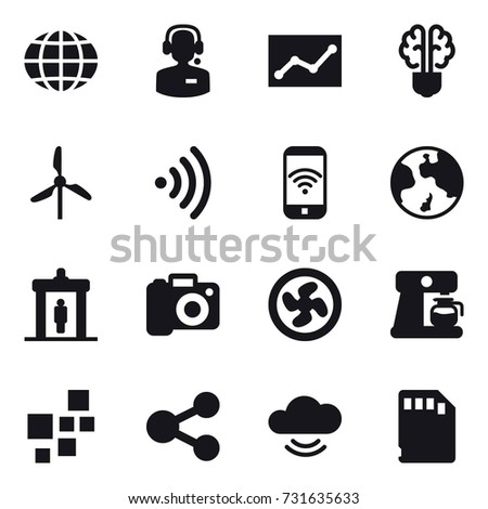 16 vector icon set : globe, call center, statistic, bulb brain, windmill, wireless, phone wireless, earth, detector, camera, cooler fan, coffee maker