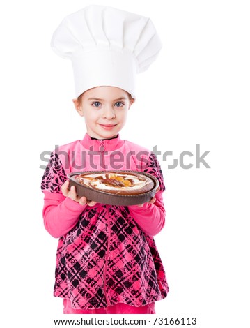 A little girl is holding a plate of pie. Isolated on a white background