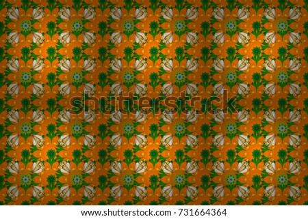 Raster illustration. In asian textile style on orange, green and yellow colors. Seamless flowers pattern.