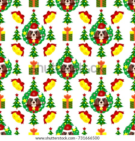 Christmas pattern with dog. Dog with Christmas tree and gifts. New Year.