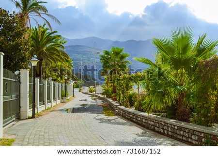 Montenegro, the Budva Riviera, Becici bay waterfront promenade Royalty-Free Stock Photo #731687152