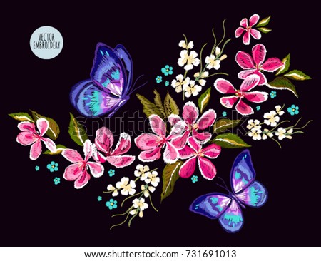 Embroidery colorful floral pattern with  japanese flowers, sakura, butterflies. Vector traditional folk fashion ornament on black background.