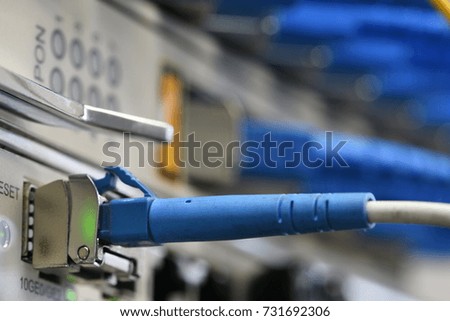 Closeup of optical links at data center of the internet provider