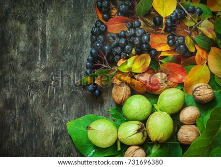 Assortment organic berries damascene walnut dark wooden country background health care natural concept top view