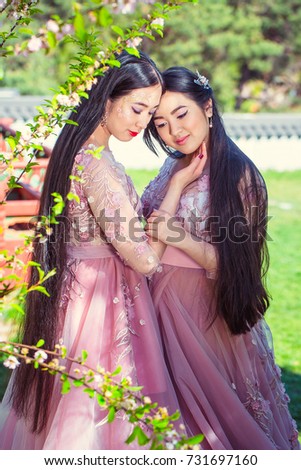 Beautiful two Japanese girls in pink dresses. Professional makeup. Spring garden. Portrait Beauty