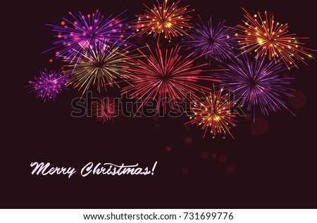 Vector holiday colourn fireworks on the blue background. Lights for design of festive posters and banners for Merry Christmas. File contains clipping mask.