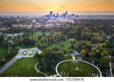 Sunset over Denver cityscape, aerial view from the city park Royalty-Free Stock Photo #731708476