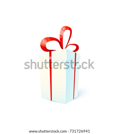 Gift box. Christmas present. Surprise flat concept. Light cube case with red ribbon bow. Vector illustration