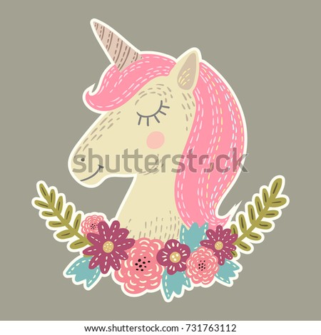 Unicorn flower sticker. Hand drawn vector illustration. Fairy horse cute head.