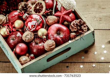 Christmas decorations on a wooden tray. Top view, horizontal, space for text