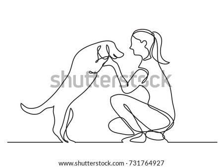 continuous line drawing of happy pet lover with dog