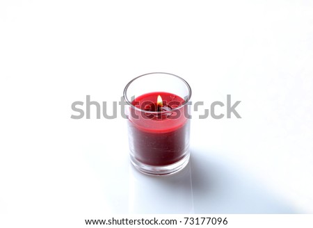 Small red candle in a glass holder on a white background