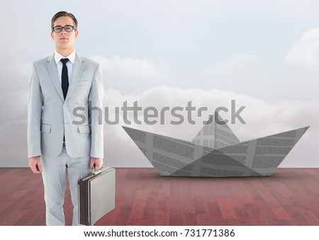 Digital composite of Businessman with briefcase and paper boat in sky