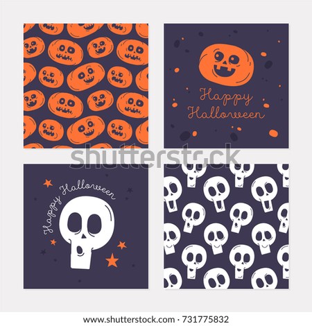 Collection of square postcards with Halloween party symbols. Horror creatures