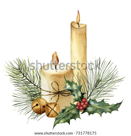Watercolor Christmas candle with holiday decor. Hand painted candle, holly, christmas tree branch and bell isolated on white background. Christmas botanical clip art for design or print. Holiday card