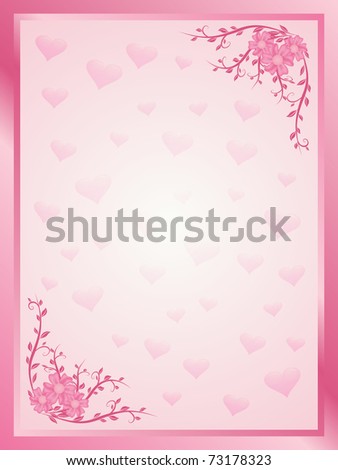 Pink floral frame with hearts on the background