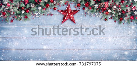 Christmas Border - Fir Branches And Ornament On Snowy Plank
