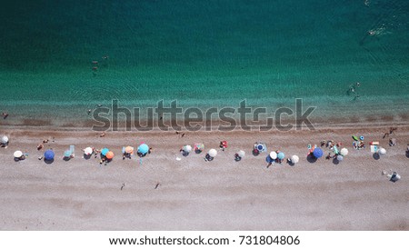 Aerial bird's eye drone photo of exotic beach with turquoise and sapphire waters