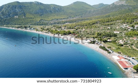 Aerial drone photo from famous Psatha beach with clear turquoise waters, Attica, Greece