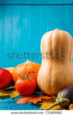 Photo of pumpkin, tomato, autumn leaves on blue wooden background
