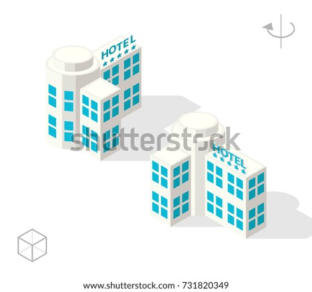 Set of Isolated Isometric Minimal City Elements . Hotel with Shadows on White Background
