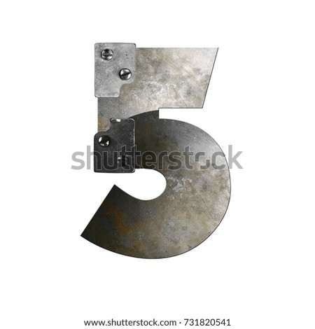 Metal alphabet. Metallic digits. Number 5. 